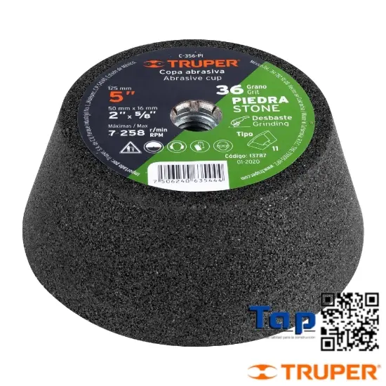 Imagen de COPA DESBASTE PIEDRA 125 5" GRANO 36 EJE 015 5/8"-11 TRUPER