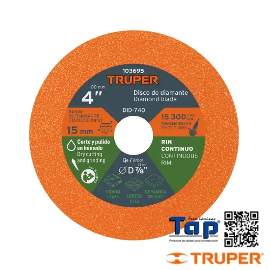 Imagen de DISCO DE DIAMANTE 102 4" CORTE DE VIDRIO TRUPER